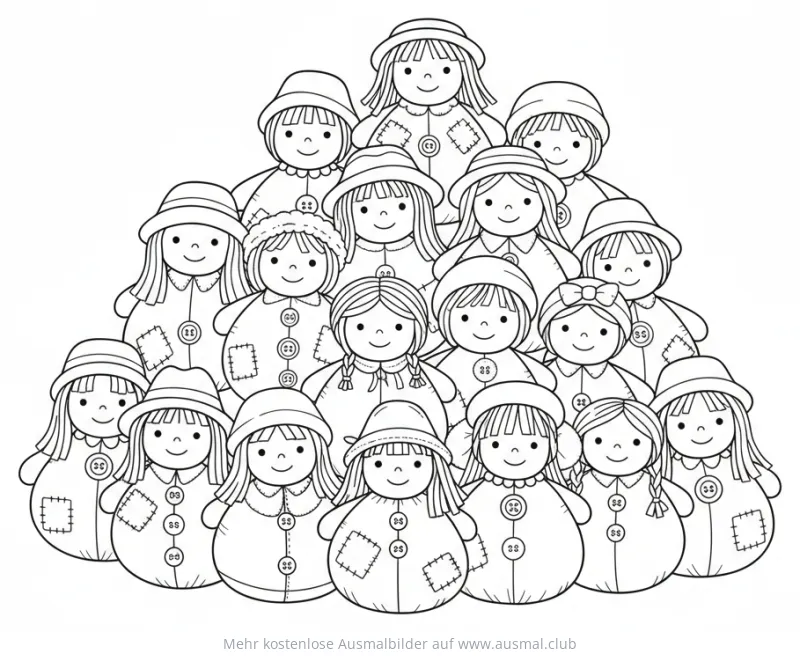 Gruppe von Puppen mit Hüten Ausmalbild