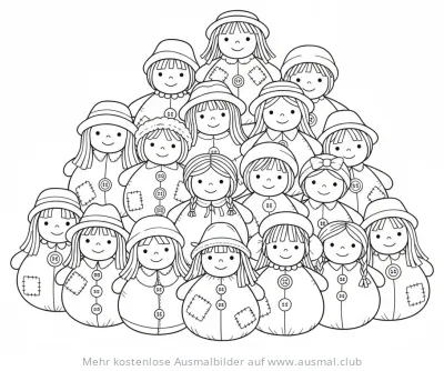 Gruppe von Puppen mit Hüten Ausmalbild