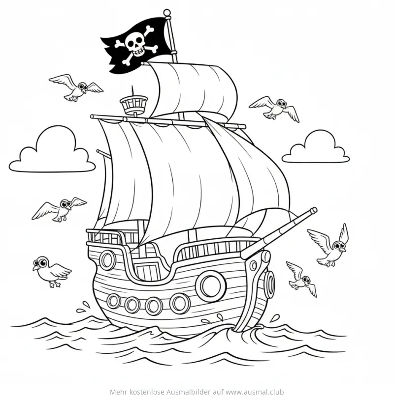 Piratenschiff Ausmalbild mit Möwen
