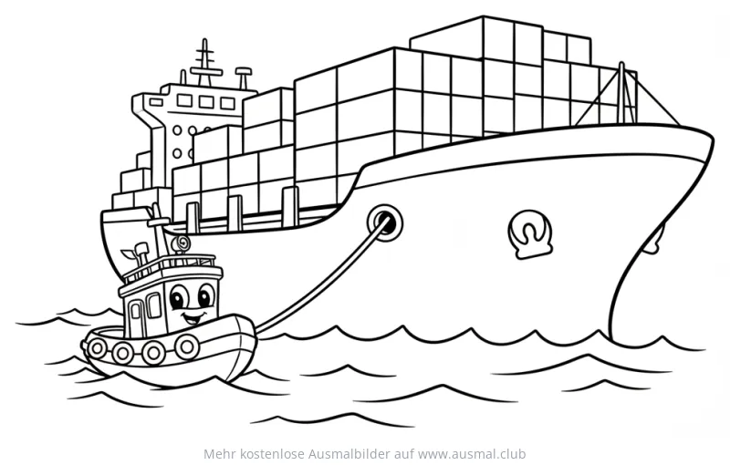 Schlepper zieht Containerschiff Ausmalbild