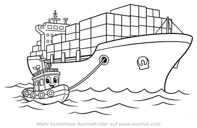 Schlepper zieht Containerschiff Ausmalbild