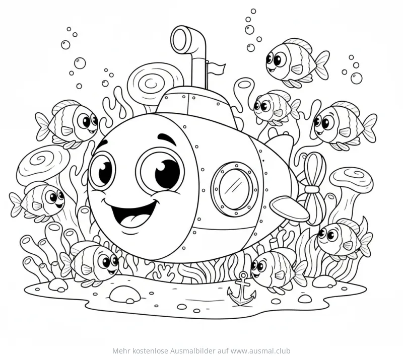 Freundliches U-Boot mit Fischen Ausmalbild