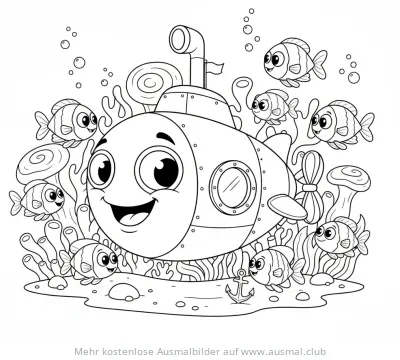 Freundliches U-Boot mit Fischen Ausmalbild