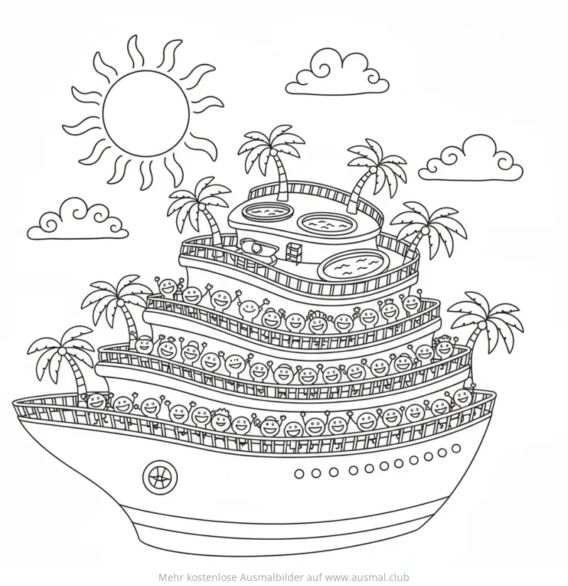 Kreuzfahrtschiff Ausmalbild mit lachenden Passagieren und Palmen