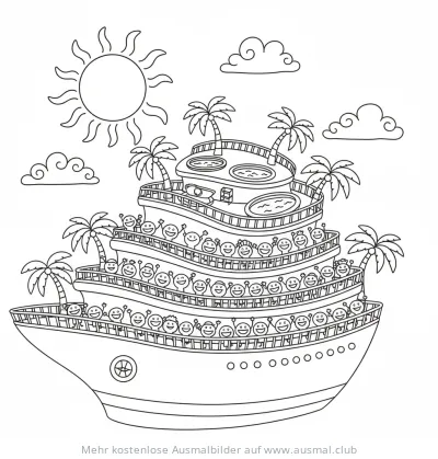 Kreuzfahrtschiff Ausmalbild mit lachenden Passagieren und Palmen