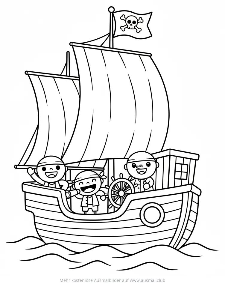 Fröhliches Piratenschiff mit Piraten Ausmalbild