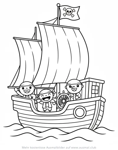 Fröhliches Piratenschiff mit Piraten Ausmalbild