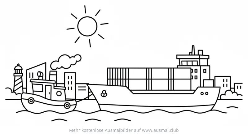 Schlepper und Containerschiff Ausmalbild vor Stadtkulisse