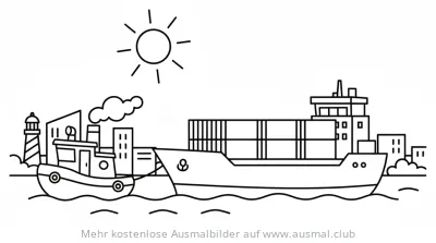 Schlepper und Containerschiff Ausmalbild vor Stadtkulisse