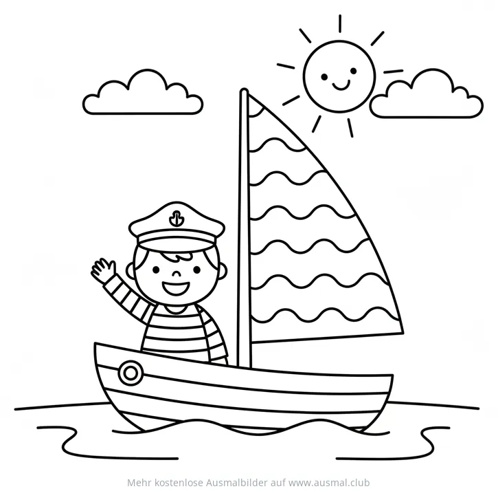 Fröhlicher Kapitän im Segelboot Ausmalbild