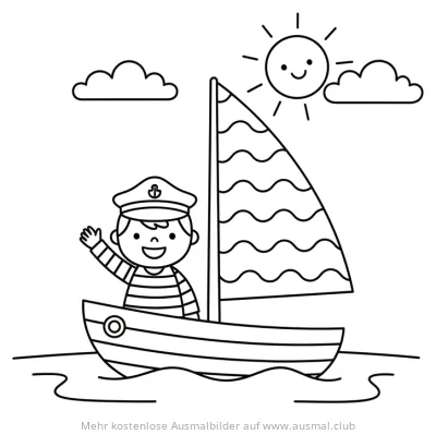 Fröhlicher Kapitän im Segelboot Ausmalbild