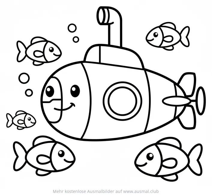 Niedliches U-Boot mit Fischen Ausmalbild