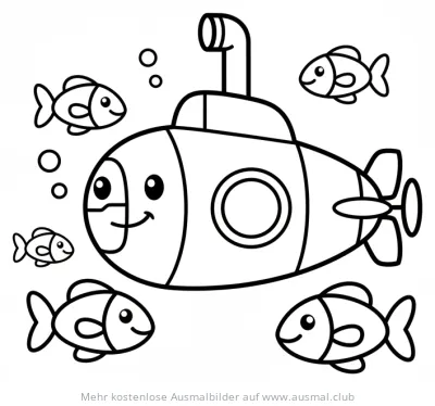 Niedliches U-Boot mit Fischen Ausmalbild