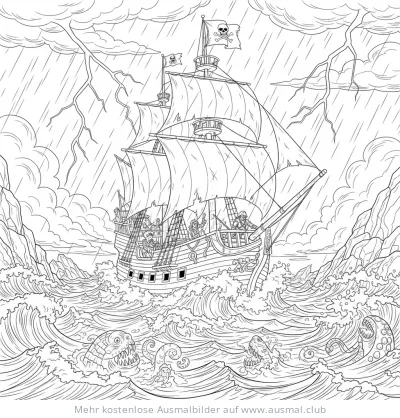 Piratenboot im Sturm mit Seeungeheuern Ausmalbild