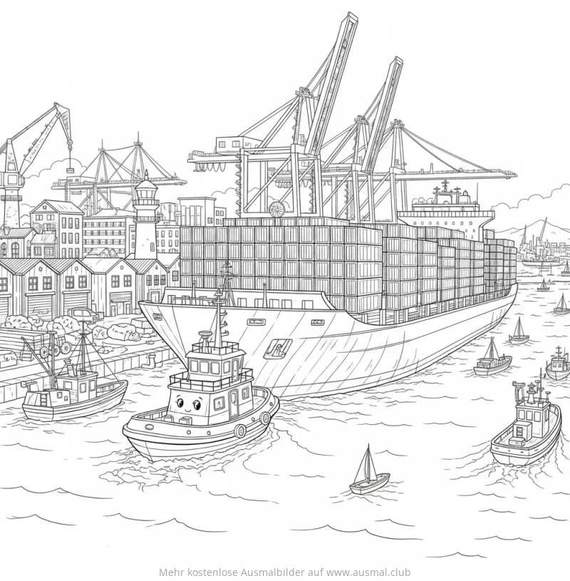 Freundlicher Schlepper zieht Containerschiff im Hafen Ausmalbild