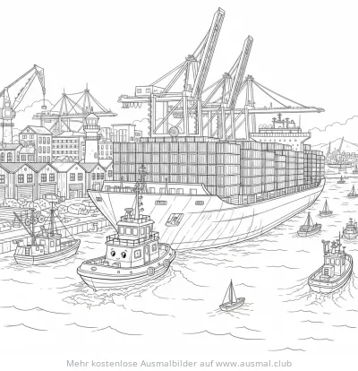 Freundlicher Schlepper zieht Containerschiff im Hafen Ausmalbild
