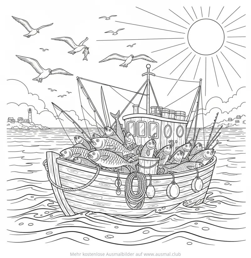 Fischerboot voll mit Fischen Ausmalbild