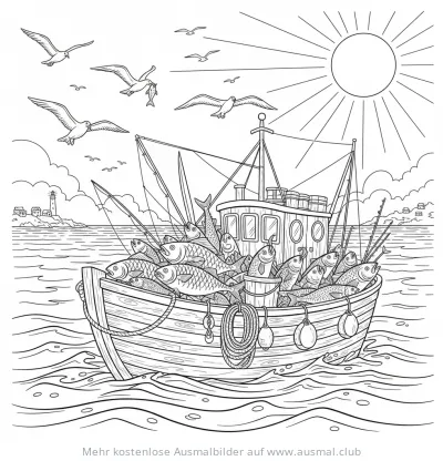 Fischerboot voll mit Fischen Ausmalbild