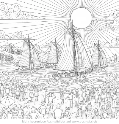Segelboot Regatta Ausmalbild mit Zuschauern am Strand