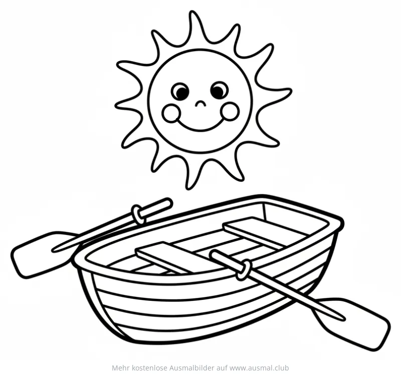 Ruderboot mit Paddeln unter einer lächelnden Sonne Ausmalbild