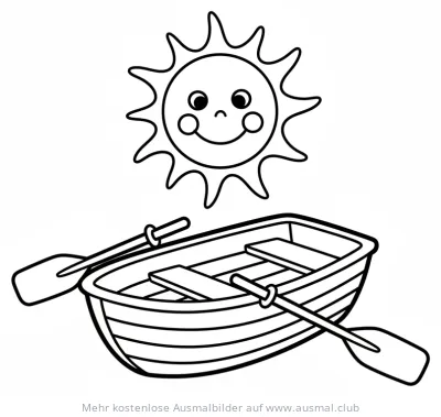 Ruderboot mit Paddeln unter einer lächelnden Sonne Ausmalbild