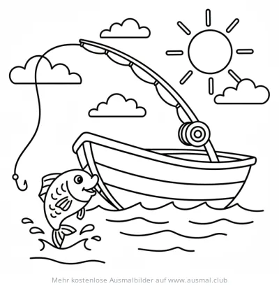 Fischerboot mit Fisch Ausmalbild