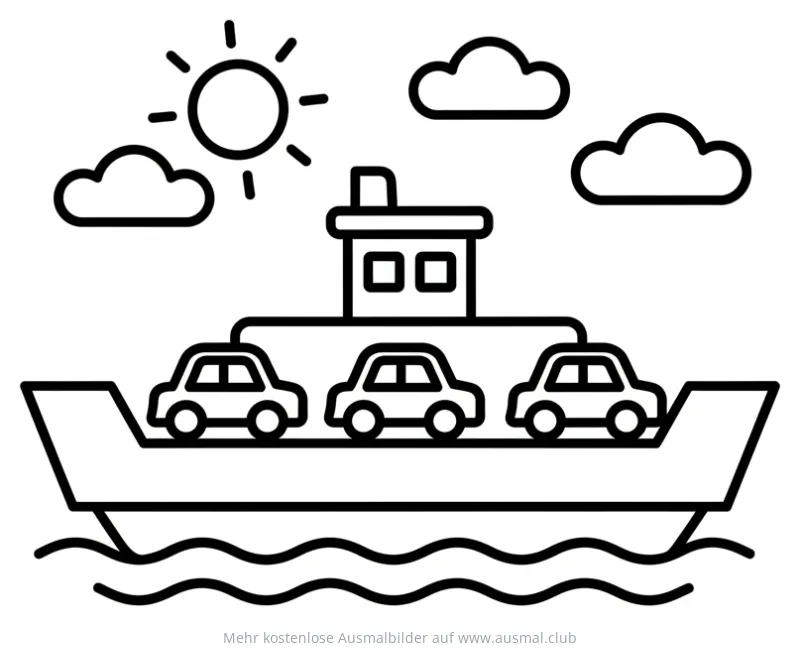 Fähre mit Autos Ausmalbild unter Sonne und Wolken