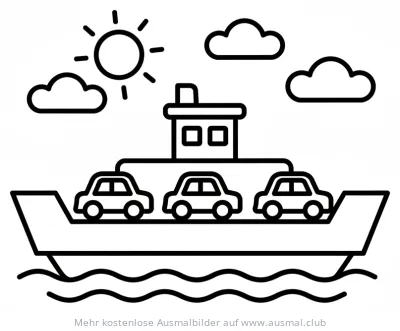 Fähre mit Autos Ausmalbild unter Sonne und Wolken