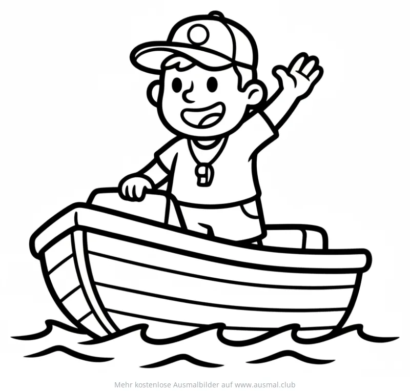 Junge im Rettungsboot winkt, Ausmalbild
