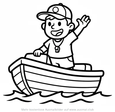 Junge im Rettungsboot winkt, Ausmalbild