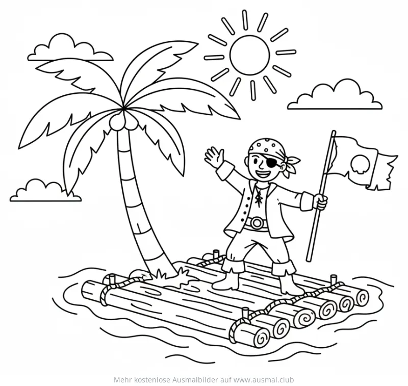 Pirat mit Augenklappe auf einem Floß unter Palme Ausmalbild
