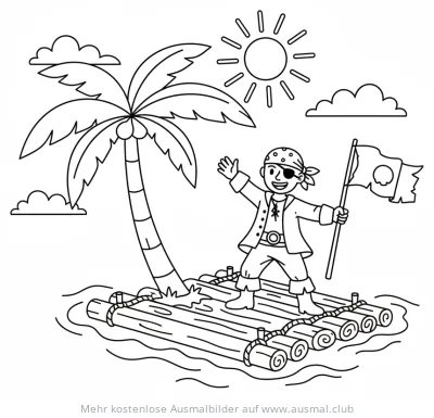 Pirat mit Augenklappe auf einem Floß unter Palme Ausmalbild