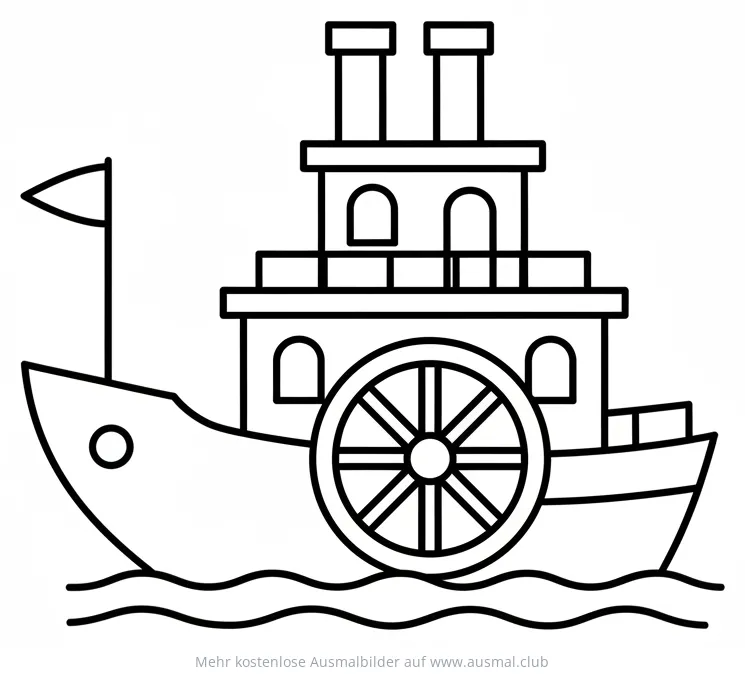 Dampfschiff Ausmalbild mit Schaufelrad und Schornsteinen