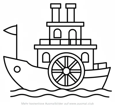 Dampfschiff Ausmalbild mit Schaufelrad und Schornsteinen