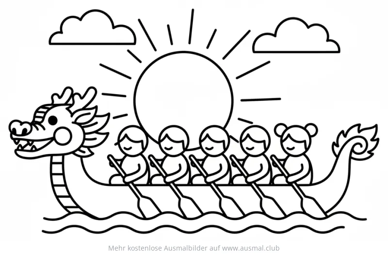 Drachenboot Ausmalbild mit Ruderern unter Sonne