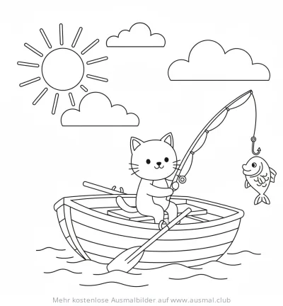 Katze angelt in einem Boot Ausmalbild