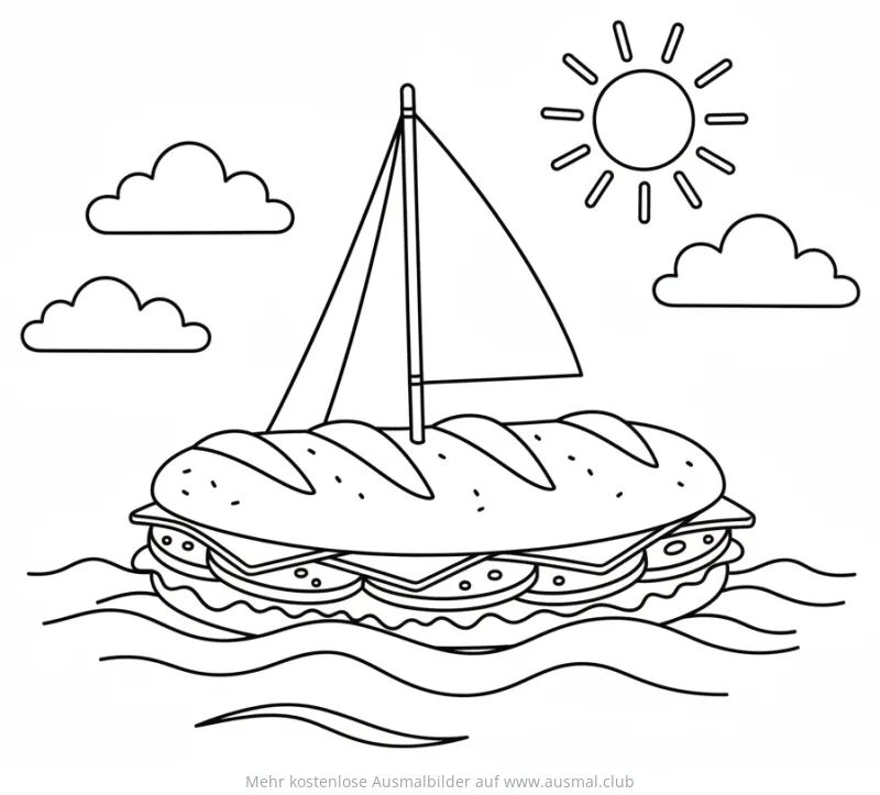 U-Boot in Form eines Sandwichs mit Segel Ausmalbild