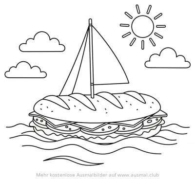 U-Boot in Form eines Sandwichs mit Segel Ausmalbild