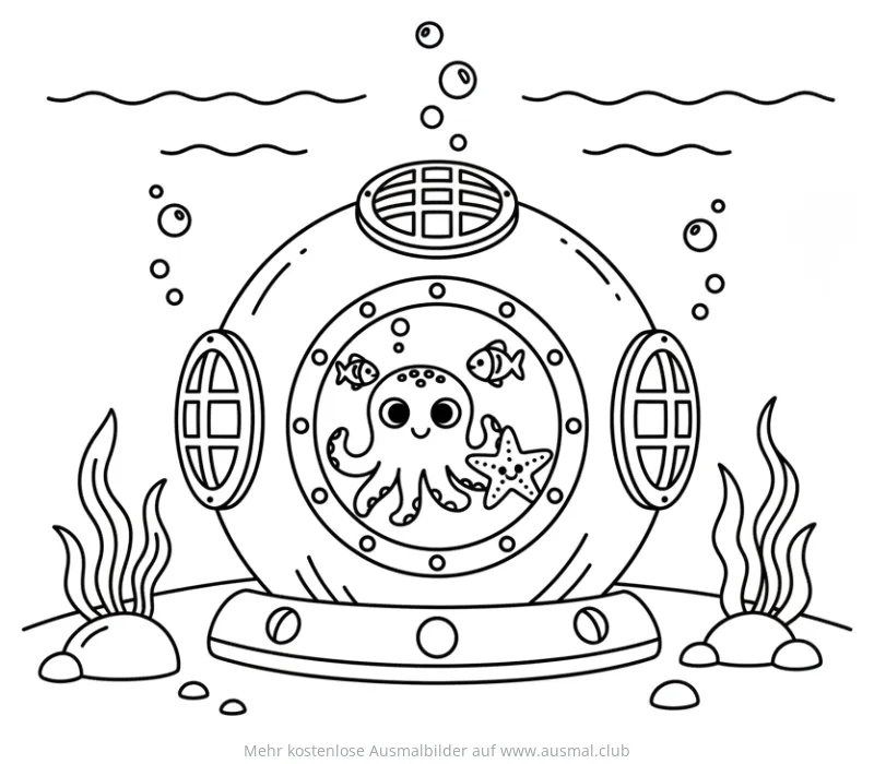 Tauchglocke mit Oktopus, Fisch und Seestern Ausmalbild