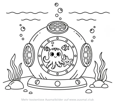 Tauchglocke mit Oktopus, Fisch und Seestern Ausmalbild
