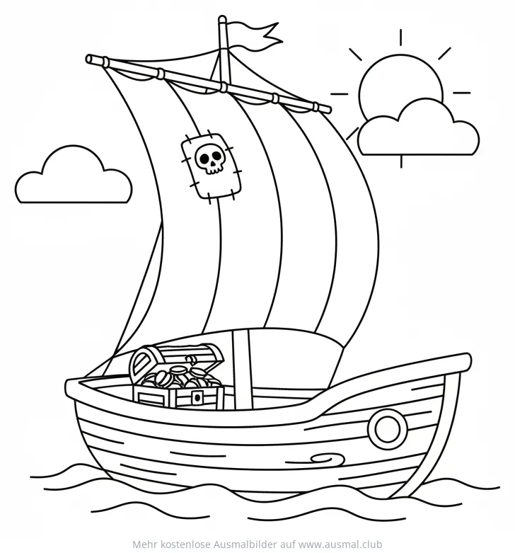 Piratenboot Ausmalbild mit Schatzkiste und Totenkopf