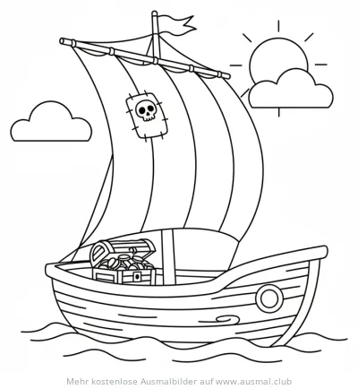 Piratenboot Ausmalbild mit Schatzkiste und Totenkopf