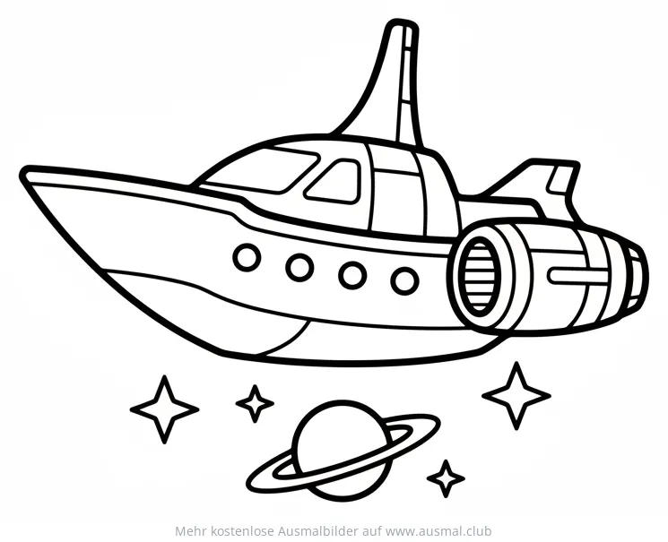 Raumschiff mit Sternen und Planeten Ausmalbild