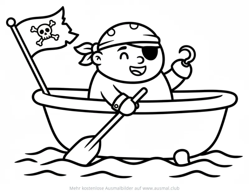 Pirat mit Augenklappe und Piratenflagge im Boot Ausmalbild