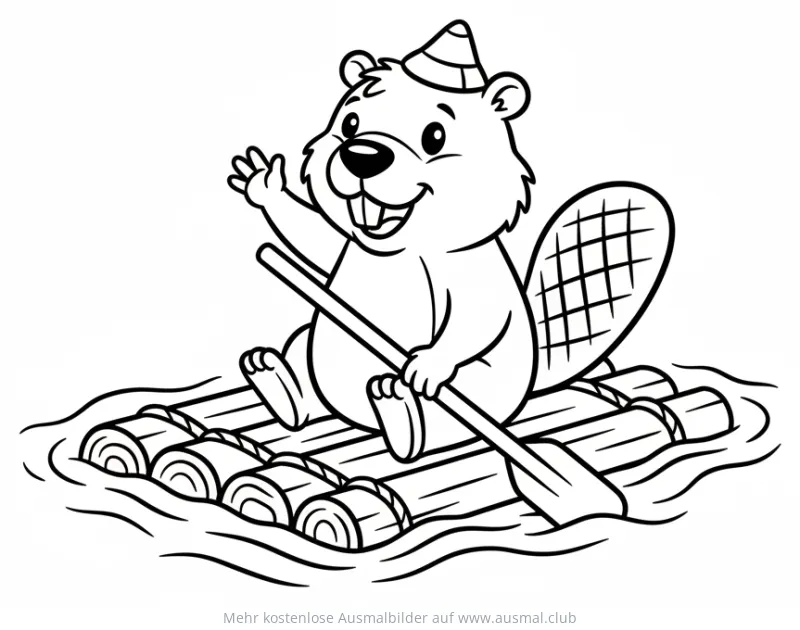 Fröhlicher Biber mit Partyhut auf einem Baumstammfloss Ausmalbild