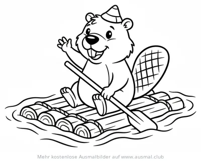 Fröhlicher Biber mit Partyhut auf einem Baumstammfloss Ausmalbild