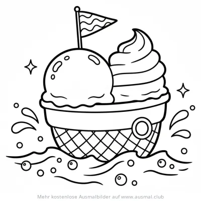 Eisboot Ausmalbild mit Eiskugeln und Fähnchen