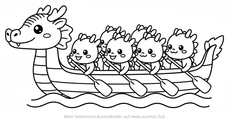 Niedliches Drachenboot mit kleinen Drachen Ausmalbild