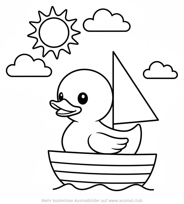 Quietscheentchen im Segelboot Ausmalbild mit Sonne und Wolken