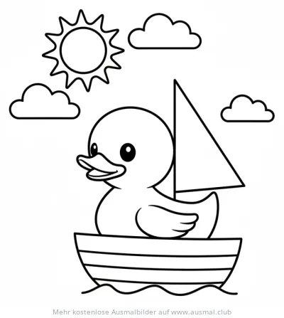 Quietscheentchen im Segelboot Ausmalbild mit Sonne und Wolken